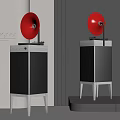 Designer Modern Audio Speakers With Red Horns And Black Cabinet Stands