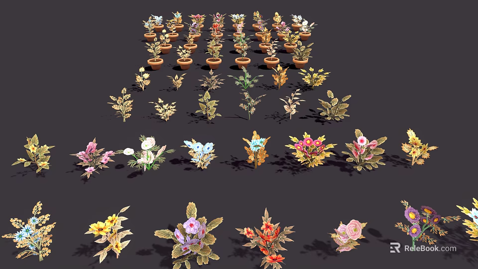 Diverse Collection of Potted Plants with Colorful Flowers and Green Leaves 3d model 