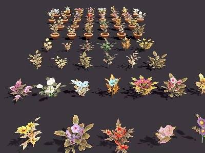 Diverse Collection of Potted Plants with Colorful Flowers and Green Leaves 3d model
