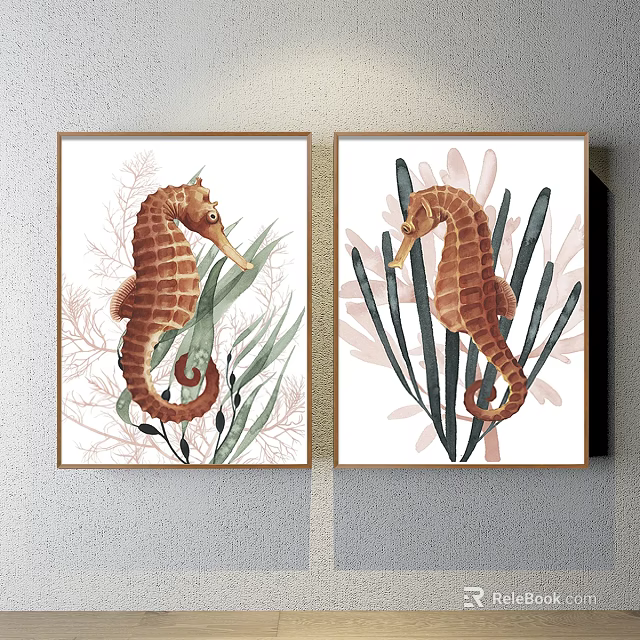 Set of Two Seahorse Animal Paintings with Green Leaves and Botanical Wall Art 3d model 