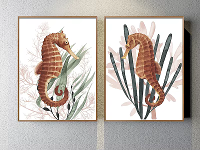 Set of Two Seahorse Animal Paintings with Green Leaves and Botanical Wall Art 3d model