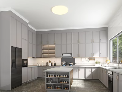 Modern Kitchen Interior With Gray Cabinets Island Countertop Refrigerator And Window 3d model