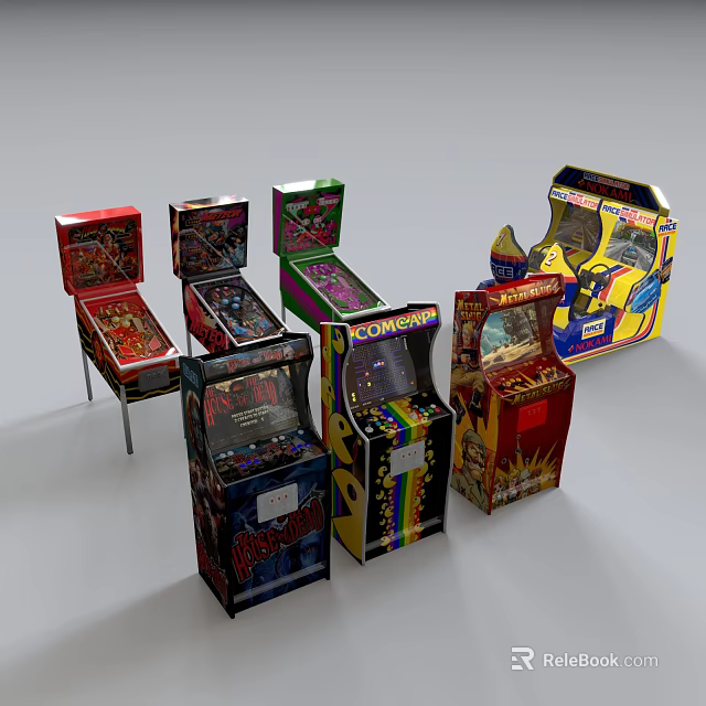 Colorful Retro Arcade Machines With Various Game Themes And Classic Designs 3d model 