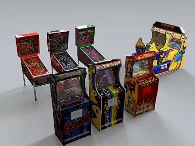 Colorful Retro Arcade Machines With Various Game Themes And Classic Designs 3d model