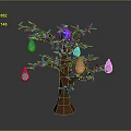 Decorative Tree with Brown Trunk Blue Leaves and Pink Pear Shaped Fruits