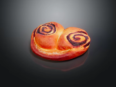 Heart Shaped Bread with Golden Crust Dark Swirl Patterns and Shiny Surface on Black Background 3d model