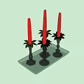 Elegant Decorative Ornament Set With Red Candles Green Leaves And Silver Holders On White Tray