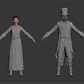 Silver Human Models With Female Long Dress And Male Top Hat Costume On White Background