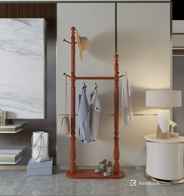 Wooden Wardrobe With Coat Rack Hanging Hat Clothes Handbag And Table Lamp 3d model 