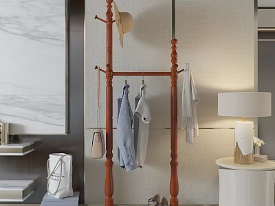 Wooden Wardrobe With Coat Rack Hanging Hat Clothes Handbag And Table Lamp 3d model