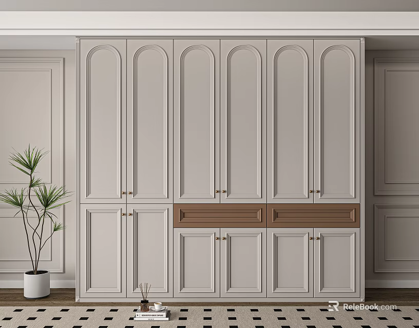 Modern Light Gray Wardrobe Interior Design With Arched Doors And Brown Lower Cabinets 3d model 