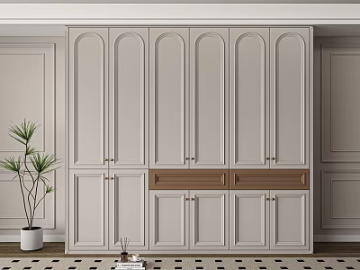 Modern Light Gray Wardrobe Interior Design With Arched Doors And Brown Lower Cabinets 3d model