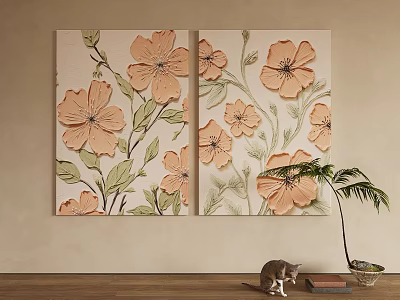 Abstract Floral Painting with Orange Blossoms and Green Leaves for Wall Decor 3d model