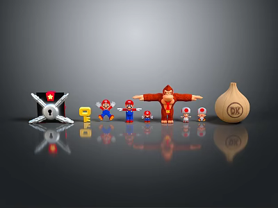 Plant Themed Toy Arrangement Featuring Red Ape Figures And Onion Shaped Object On Gray Surface 3d model