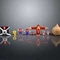 Plant Themed Toy Arrangement Featuring Red Ape Figures And Onion Shaped Object On Gray Surface