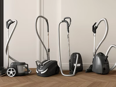 Modern Vacuum Cleaners With Various Designs On Wooden Floor For Home Use 3d model