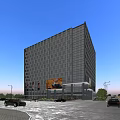 Modern High rise Office Building With Glass Facade Large Billboard And Surrounding Greenery