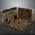 Cozy Indoor Reading Nook Interior With Bookshelves Red Armchairs Green Plant Rug And Lantern
