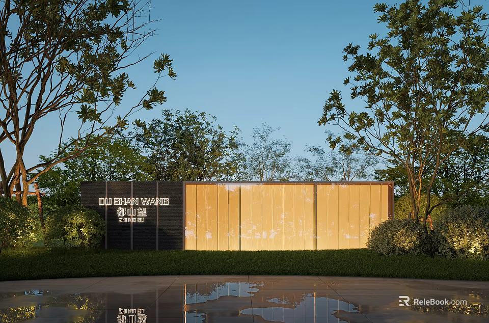 Modern Outdoor Feature Wall with Slatted Panels Greenery Trees Soft Lighting and Reflection 3d model 