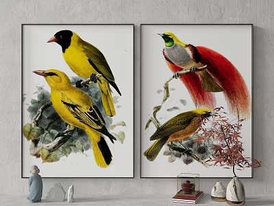 Vintage Animal Paintings With Colorful Birds On Branch And Leaf Illustration 3d model