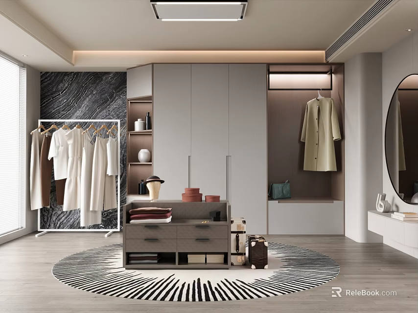 Modern Walk In Closet Interior With Clothing Rack Cabinets And Round Rug 3d model 