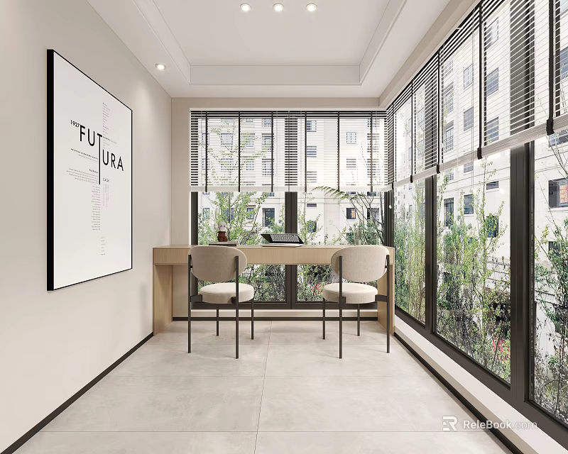 Modern Study Room Interior Design With Desk Two Chairs Large Windows Greenery And Wall Painting 3d model 