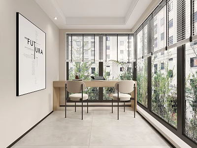 Modern Study Room Interior Design With Desk Two Chairs Large Windows Greenery And Wall Painting 3d model