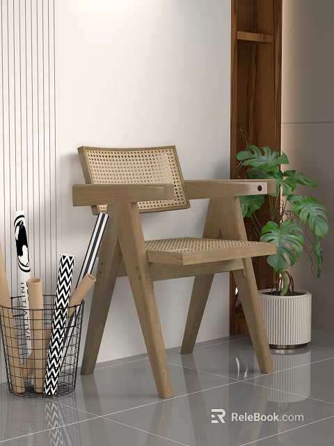 Modern Leisure Chair With Wooden Frame Woven Backrest Armrests And Green Plant 3d model 