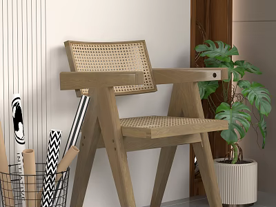 Modern Leisure Chair With Wooden Frame Woven Backrest Armrests And Green Plant 3d model
