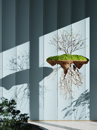Creative Hanging Decoration Floating Island With Green Moss Tree Roots And Branches 3d model