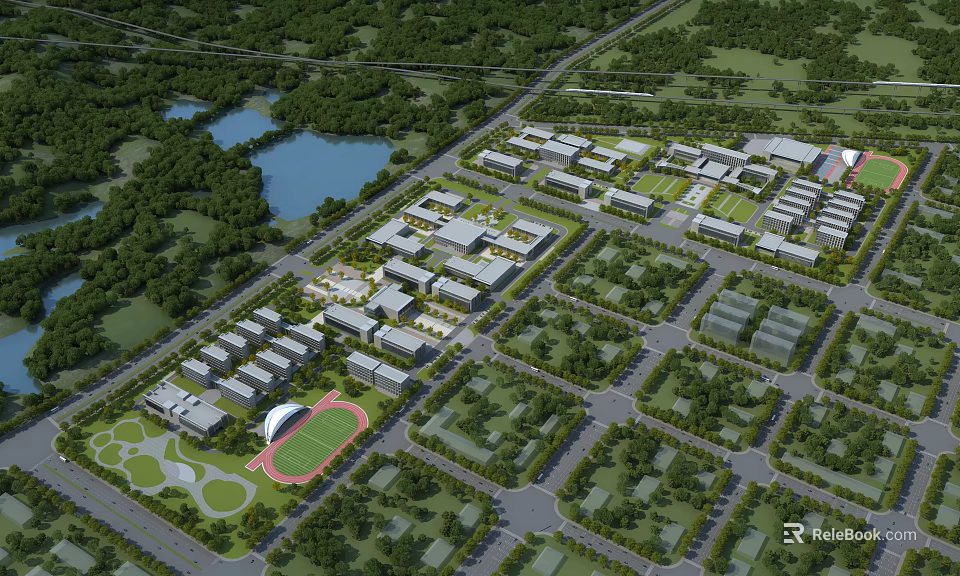 School Building Campus Layout With Greenery Sports Field Lake And Pathways 3d model 