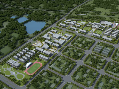 School Building Campus Layout With Greenery Sports Field Lake And Pathways 3d model