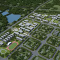 School Building Campus Layout With Greenery Sports Field Lake And Pathways