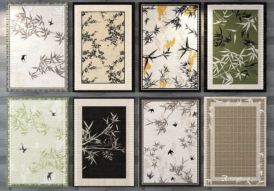 Square Rugs Featuring Bamboo Patterns and Bird Designs in Various Colors and Frames 3d model 