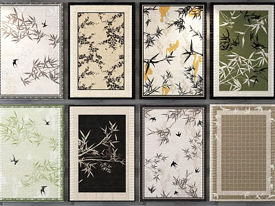 Square Rugs Featuring Bamboo Patterns and Bird Designs in Various Colors and Frames 3d model
