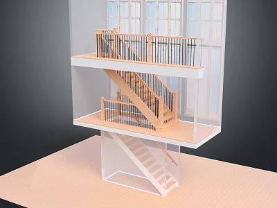 Wooden Multi Level Staircase Design With Connecting Platforms And Large Windows 3d model