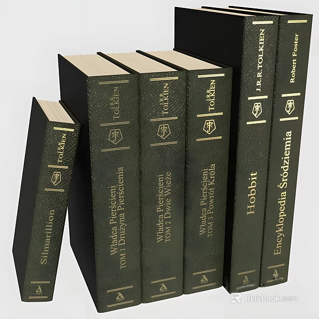 Elegant Hardcover Books With Green Covers Gold Lettering And Emblems In Various Sizes 3d model 