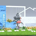 Floral Display Welcome Home Entrance Featuring White House Outline Flamingo Statues Green Plants And Flowers