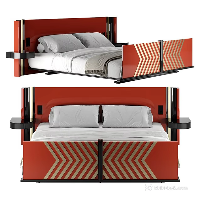 Modern Double Bed With Red Frame And Stylish Geometric Pattern Design Features 3d model 