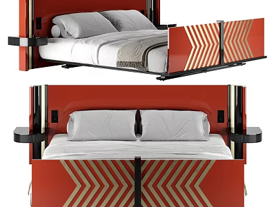 Modern Double Bed With Red Frame And Stylish Geometric Pattern Design Features 3d model