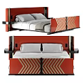 Modern Double Bed With Red Frame And Stylish Geometric Pattern Design Features 3d model