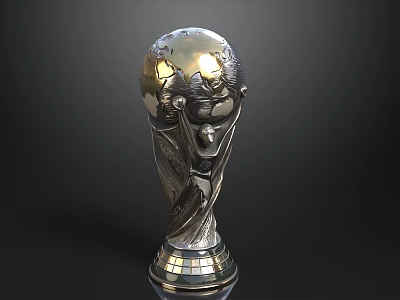 Silver World Cup Trophy With Globe And Figures Carving On Lattice Base 3d model