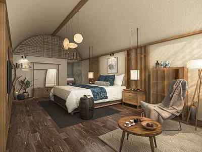 Chinese Style Hotel Guest Room Featuring Wooden Furniture Blue Bedding And Pendant Lights 3d model