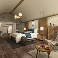 Chinese Style Hotel Guest Room Featuring Wooden Furniture Blue Bedding And Pendant Lights