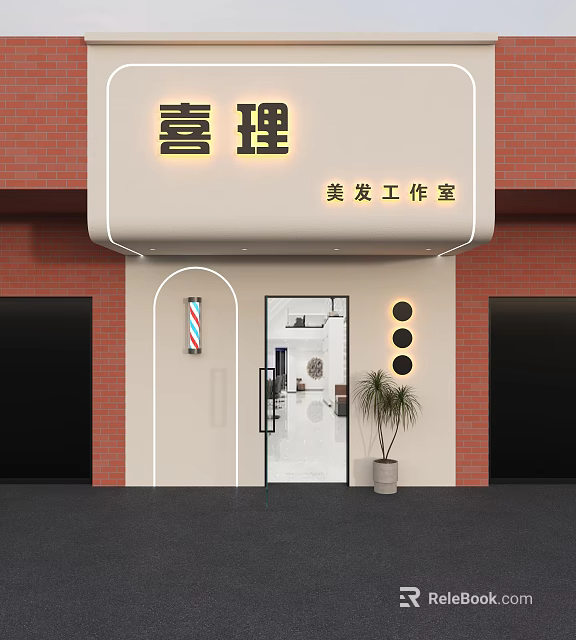 Hair Salon Studio Facade With Red Brick Wall White Awning Glass Door And Barber Pole 3d model 