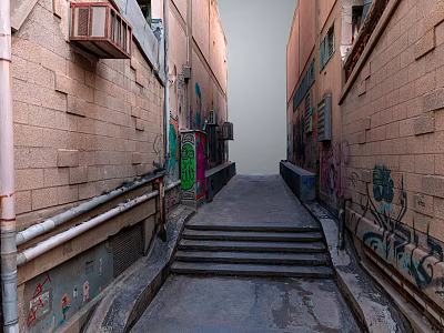 Narrow Urban Alley With Brick Walls Graffiti Steps Pipes And Air Conditioning Units 3d model