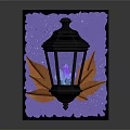 Elegant Decorative Ornament Set With Black Lantern Glowing Crystal Brown Leaves And Starry Background