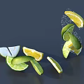 Fresh Lemon And Lime Slices Floating Scattered On Dark Background With Bubbles 3d model