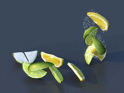 Fresh Lemon And Lime Slices Floating Scattered On Dark Background With Bubbles 3d model Fresh Lemon And Lime Slices Floating Scattered On Dark Background With Bubbles 3d model