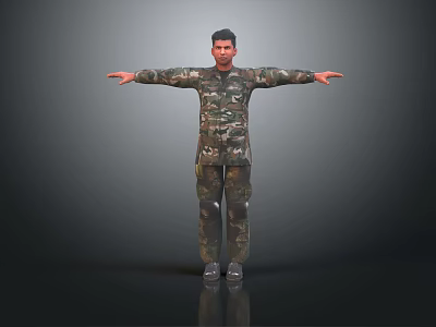 Military Character In Camouflage Uniform Standing With Arms Outstretched On Dark Background 3d model